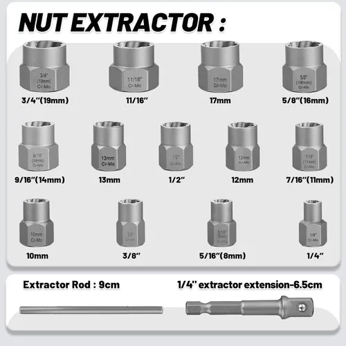 Vista 6 de Juego de 15 extractores de pernos, juego de extractor de pernos Easy Out de 3/8'', juego removedor de pernos dañados y extractor de tuercas