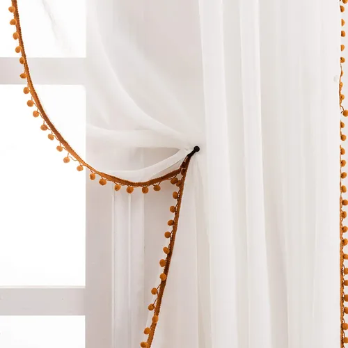 Vista 12 de MISS SELECTEX Cortinas semitransparentes con aspecto de lino y borlas de pompones - Cortinas de gasa semitransparentes con bolsillo para varilla