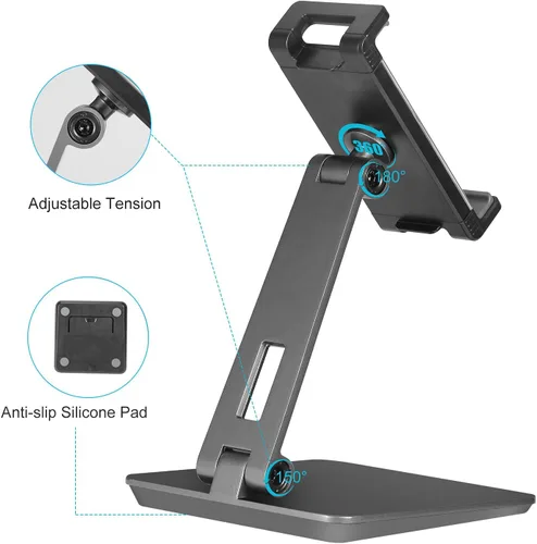 Vista 3 de Soporte para tablet ajustable y plegable, soporte giratorio de aluminio pesado de 360° para escritorio, compatible con iPad Pro/Air/Mini, Galaxy