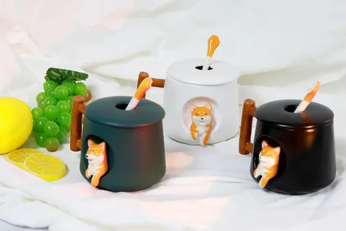 Vista 7 de Diseño de mango de madera lindo de la taza de cerámica del perro con la cuchara y la tapa (verde)