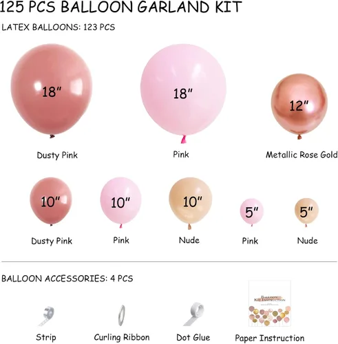 Vista 4 de Kit de arco de globos bohemios, 125 piezas, guirnalda de globos de otoño rosa polvoriento, globos de color rosa polvoriento, globos