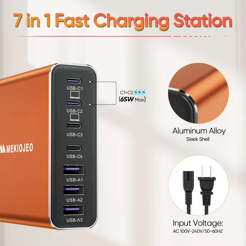 Vista 3 de Cargador USB C de aleación de aluminio, cargador GaN, estación de carga rápida USB C, 7 puertos 65 W, laptop para MacBook Pro/Air/iPad Pro/iPhone