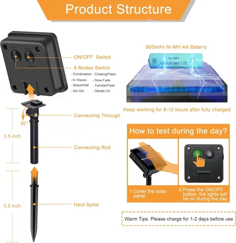 Vista 6 de 2 paquetes de luces solares de Navidad para exteriores, 158 pies 480 LED, luces de cuerda solares impermeables para exterior, 8 modos, luces