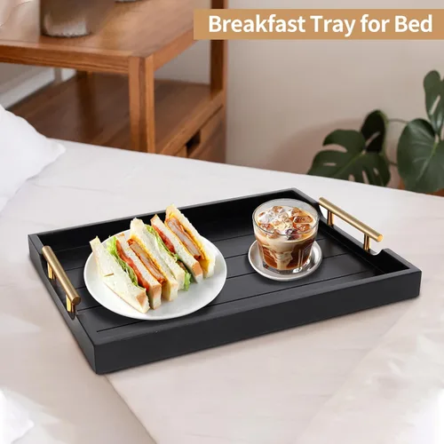 Vista 5 de SXNOWS Bandejas de mesa auxiliar, bandeja otomana grande para sala de estar, bandeja de madera para servir con 2 juegos de asas, bandeja de madera