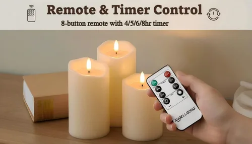 Vista 4 de ANGELLOONG Velas sin llama con control remoto para decoración de mesa, velas falsas parpadeantes que funcionan con pilas, velas de batería
