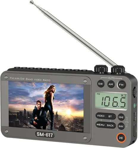 SEMIER Radio de Película y Video AM FM SW con Pantalla de 720p de 4.3", Radio de Bolsillo Digital Recargable con Bluetooth, Reproductor de Película