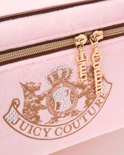 Vista 3 de Juicy Couture Pink Makeup Bag Cosmetics Organizer Travel Essentials Train Case Gold Terroir Dog Rhinestone Crown Velour