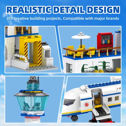 Vista 5 de WinGift Juego de 886 piezas de terminal de pasajeros del aeropuerto de la ciudad, juguete de bloques de construcción de aviones 6 en 1, ladrillos