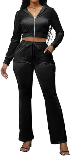 Vista 2 de PINSV Conjunto de 2 piezas de terciopelo para mujer, sudadera con capucha y cremallera para correr, conjunto de entrenamiento