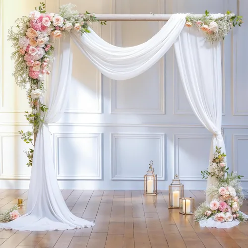 Vista 20 de Tela drapeada para arco de boda, cortinas de arco beige, cortina de telón de fondo transparente para ceremonia, foto, decoración de boda, 19 pies