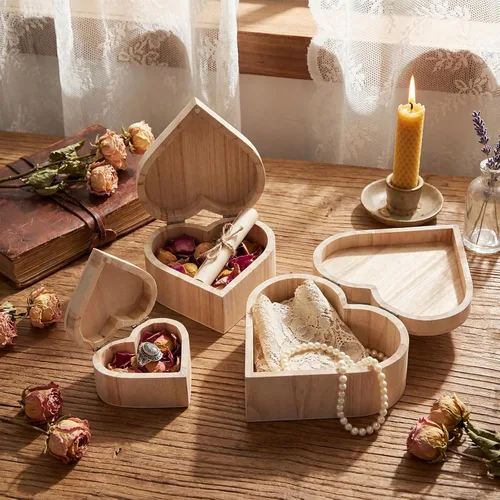 Vista 6 de Taiyin 6 cajas de corazón sin terminar sin pintar con pinceles de arte, caja de pino natural en forma de corazón de madera con tapa con bisagras