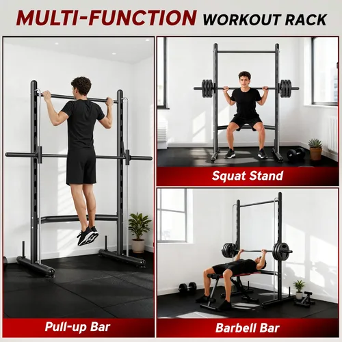 Vista 3 de Soozier Squat Rack with Pull-Up Bar, Adjustable Power Rack with Barbell Bar, Multi-Functional Bench Press Rack for Home Gym Strength Training
