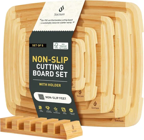 Vista 25 de Tabla de cortar de bambú extra grande con pies antideslizantes y tabla de cortar de madera para cocina con ranura de jugos para carne, verduras