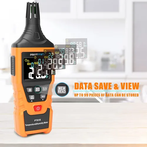Vista 3 de Protmex PT618 Medidor de Temperatura y Humedad, Termómetro Higrómetro con Ambiente, Punto de Rocío, Bulbo Húmedo para Interior/Exterior MÍN, MÁX