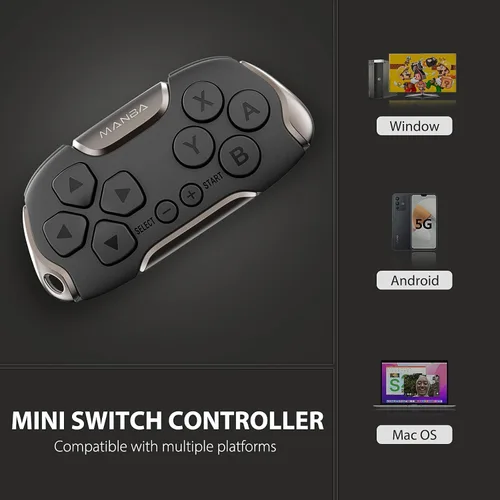 Vista 2 de Manba Mini Wireless Controller, Remote for Anki,SwitchOLED, Windows,MacOS and Android with Cable and Strap,Designed for Classic Games(Black)