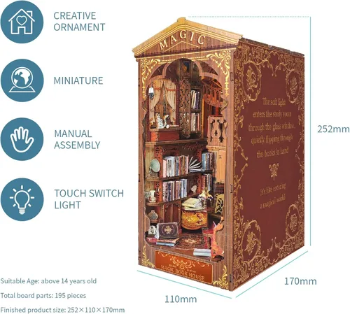 Vista 6 de Book Nook Kit DIY Dollhouse Book Nook Bookshelf Insert Decor,Creative 3D Wooden Puzzle Bookend,DIY Wooden Bookends Model Build-Creativity Kit with