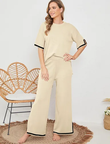 Vista 4 de Faleave Conjunto de suéter de punto de 2 piezas para mujer, manga corta, sin botones, cintura elástica, pantalones de pierna ancha, conjunto