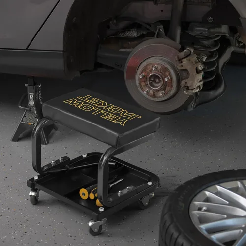 Vista 2 de YELLOW JACKET - Asiento de arrastre para garaje/taller, taburete mecánico acolchado con capacidad de 250 libras, asiento removible con bandeja