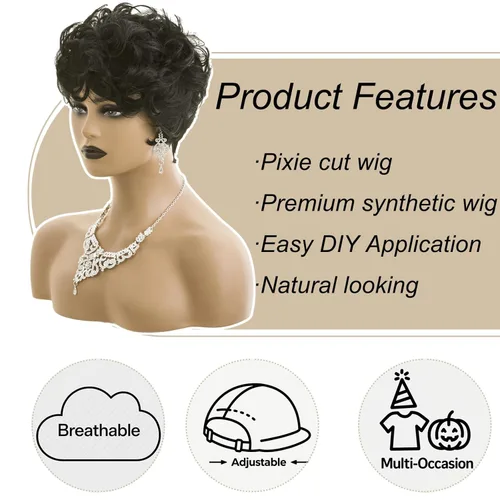 Vista 2 de Pelucas de corte Pixie para mujeres negras, pelucas cortas negras naturales con flequillo, pelucas de pelo corto para mujeres negras (negro)