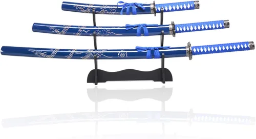 Vista 10 de Sword Valley Authentic Hanakiri Samurai Sword 3-Piece Set with 3-Tier Display Stand - Dragon Engraved Scabbards, Stainless Steel Blades, Waxed