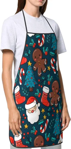 Vista 4 de Delantal de chef con patrón de decoración de árbol de Navidad con bolsillo, ajustable, salpicaduras, resistente a la grasa para cocina, cocina