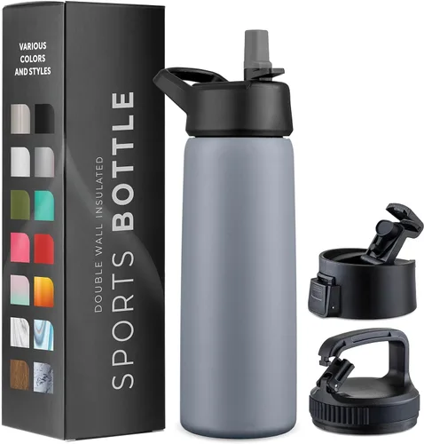 Vista 10 de Botellas de agua de acero inoxidable con triple aislamiento con pajilla, botellas de agua reutilizables aisladas de 25 onzas con 3 tapas, botella