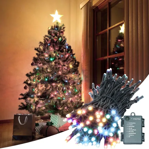 Vista 7 de LAMPHOME Luces de Navidad multicolor que funcionan con pilas, 34.1 pies, 100 luces LED impermeables de cadena para árbol de Navidad con 8 modos