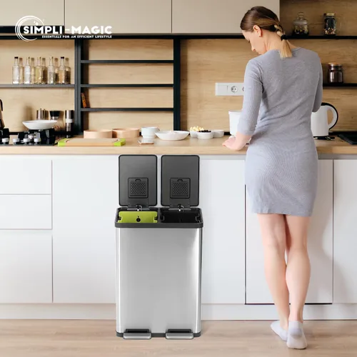 Vista 9 de SIMPLI-Magic Cubo de basura con pedal de 16 galones (60L), cubo de basura de cocina de doble compartimento con contenedores de basura y reciclaje