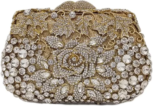 Elegante bolso de mano de cristal con flores de rosa para mujer, formal, boda, novia, fiesta, floral, con diamantes de imitación