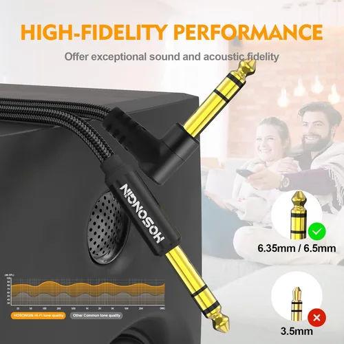 Vista 2 de HOSONGIN Paquete de 2 cables TRS para instrumentos de 1/4 de pulgada de 3.3 pies, cable de audio estéreo macho de ángulo recto a recto de 0.250 in