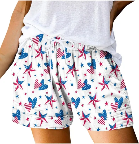 Soft Comfy Activewear Lounge Shorts for Women Independence Day American Flag Drawstring Elastic Waist Shorts 2023