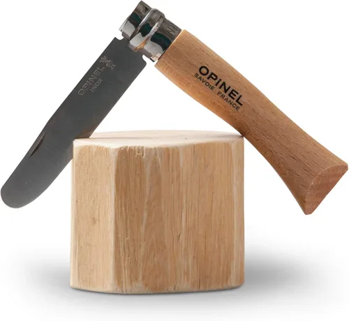 Vista 4 de Opinel Mi primer Opinel Nº 7 de acero inoxidable para niños, cuchillo de bolsillo plegable con punta redondeada de seguridad