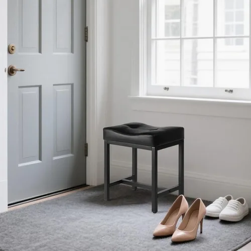 Vista 8 de Taburete de tocador con asiento tipo silla, taburete de maquillaje con pata de metal, reposapiés otomano de cuero sintético en forma de U, sillas