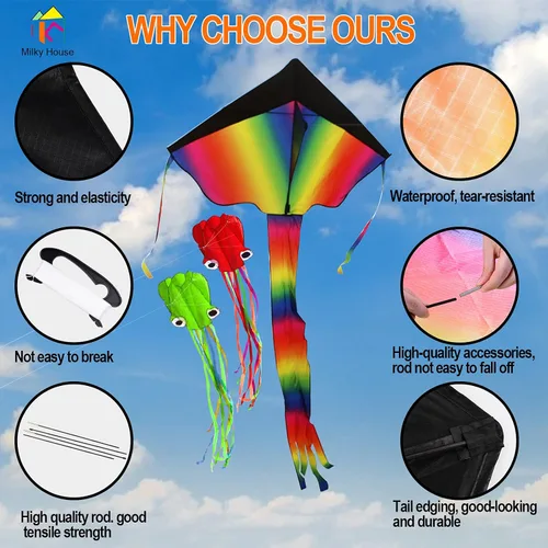 Vista 2 de Paquete de 3 cometas de pulpo – Cometas de playa 3D para personas y niños (azul, verde, rojo) – Fácil de volar, kit de cometa con cuerda de 39.9 pies