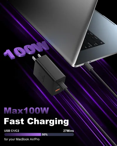 Vista 7 de Cargador de teléfono USB C súper rápido de 100 W, 65 W GaN tipo C, bloque de carga rápida con cable de carga USB C de 10 pies para Samsung Galaxy