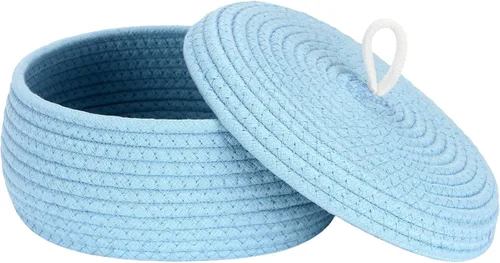 Vista 47 de Sea Team Cesta de almacenamiento redonda de cuerda de algodón con tapa, cesta de almacenamiento tejida con pompones de arcoíris coloridos, maceta