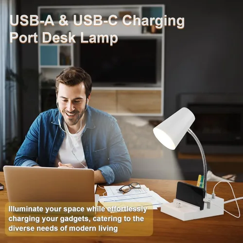 Vista 4 de LALISU Lámpara de escritorio de estudio con carga USB y luz nocturna tipo C, lámpara de mesa LED de cuello de cisne con atenuación continua, lámpara