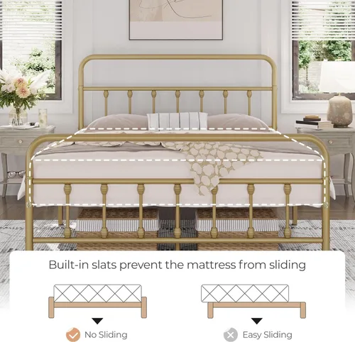 Vista 4 de Yaheetech Base de cama clásica de metal con base de colchón con estilo victoriano, cabecera, estribo, debajo de la cama, no necesita somier