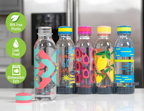 Vista 3 de REDUCE WaterWeek - Juego de botellas de agua reutilizables, 20 onzas, juego de 5 botellas de agua reutilizables de plástico, además de bandeja