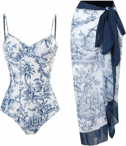 Cbcbtwo Traje de baño de una pieza para mujer con bikini maxi falda envolvente, traje de baño de 2 piezas con estampado floral, traje de baño