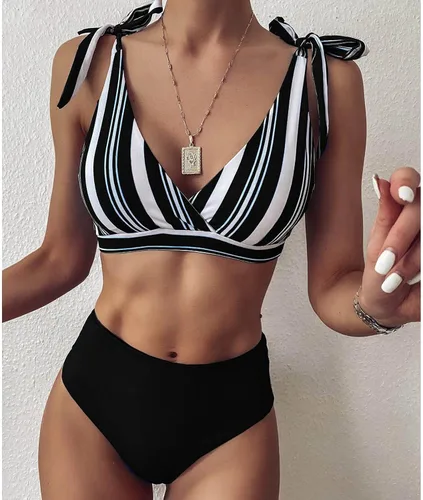 Vista 2 de Traje de baño Sexy de 2 piezas para mujer Traje con estampado a rayas, piezas Entrenamiento Natación Ropa Playa