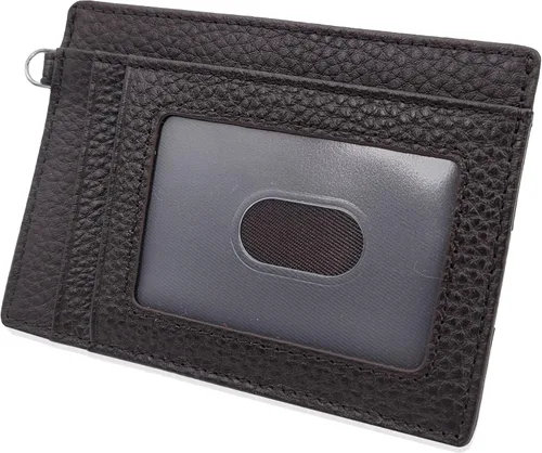 Portatarjetas de crédito de cuero genuino con bolsillo frontal delgado y bolsillo frontal con llavero extraíble diseño minimalista Marrón oscuro