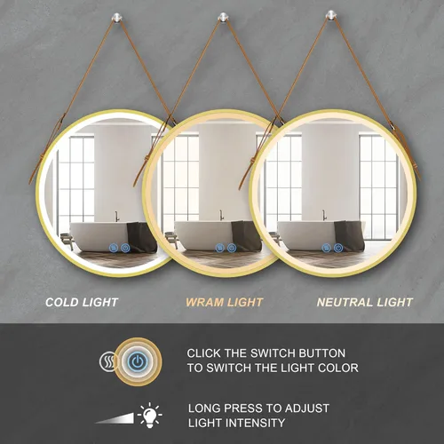 Vista 3 de Espejo LED de baño redondo de 28 pulgadas, espejo de baño con luces, 3 luces inteligentes, regulables, iluminado, espejo de baño montado