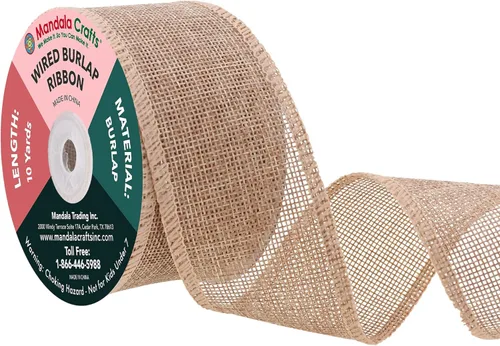 Vista 108 de Mandala Crafts Cinta de arpillera amarilla con alambre para corona, cinta de arpillera amarilla de yute natural rústico de 2 pulgadas de ancho, 10