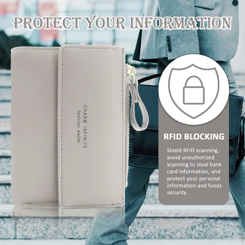 Vista 6 de Huakaile Billetera de cuero plegable con bloqueo RFID para mujer, mini monedero con bolsillo para monedas, con hebilla de cremallera, tarjetero