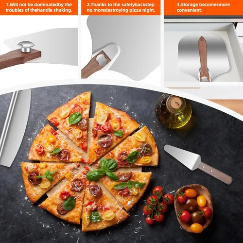 Vista 4 de Pala de pizza de aluminio de 12 x 14 pulgadas con mango de madera plegable, paleta de metal, cortador basculante y servidor para horno de pizza