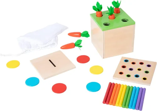Adena Montessori Kit de juego de madera Montessori 3 en 1 para bebé, incluye juego de gotas de color con cerillas, juego de cosecha de zanahorias y