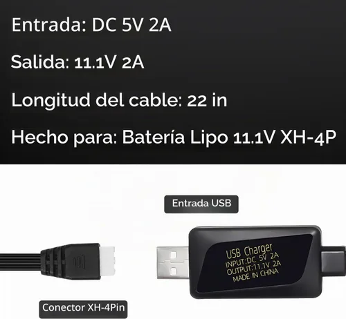 Vista 5 de Cargador USB de 2 piezas 3S 11.1V 2A para coches de control remoto, barcos, drones, pistolas de aire y juguetes a control remoto, cable de carga USB