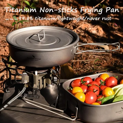 Vista 2 de Boundless Voyage Sartén antiadherente de titanio con mango plegable, revestimiento de cerámica antiadherente, olla de cocina para acampar al aire
