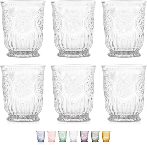Vista 23 de Juego de vasos de beber ámbar Yungala, conjunto de 6 vasos de vidrio ámbar, vasos pequeños de agua de 8 oz, vasos de hobnail aptos